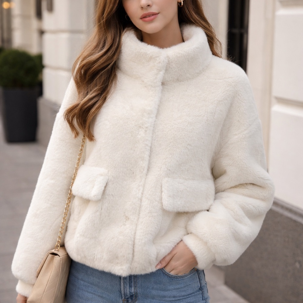 Belle Fare Cream Faux Fur Bomber Coat
